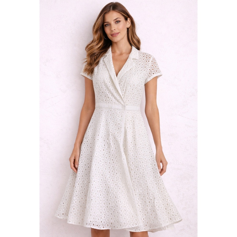 Carmen Marc‎ Valvo White Eyelet Dress Southern Belle Romantic Garden Party Sz 10